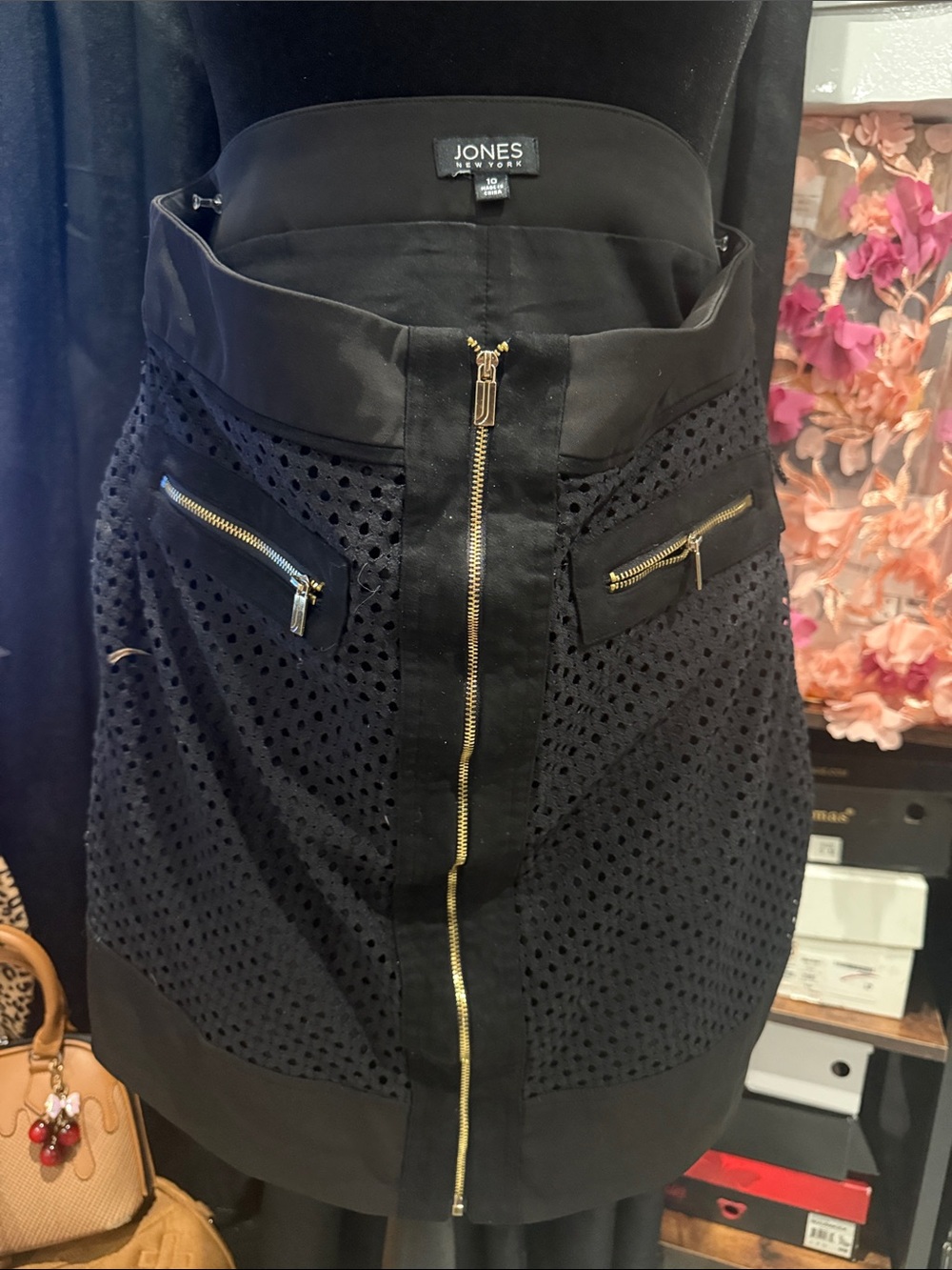 Jones New York Black Eyelet Mini Skirt with Gold Zippers